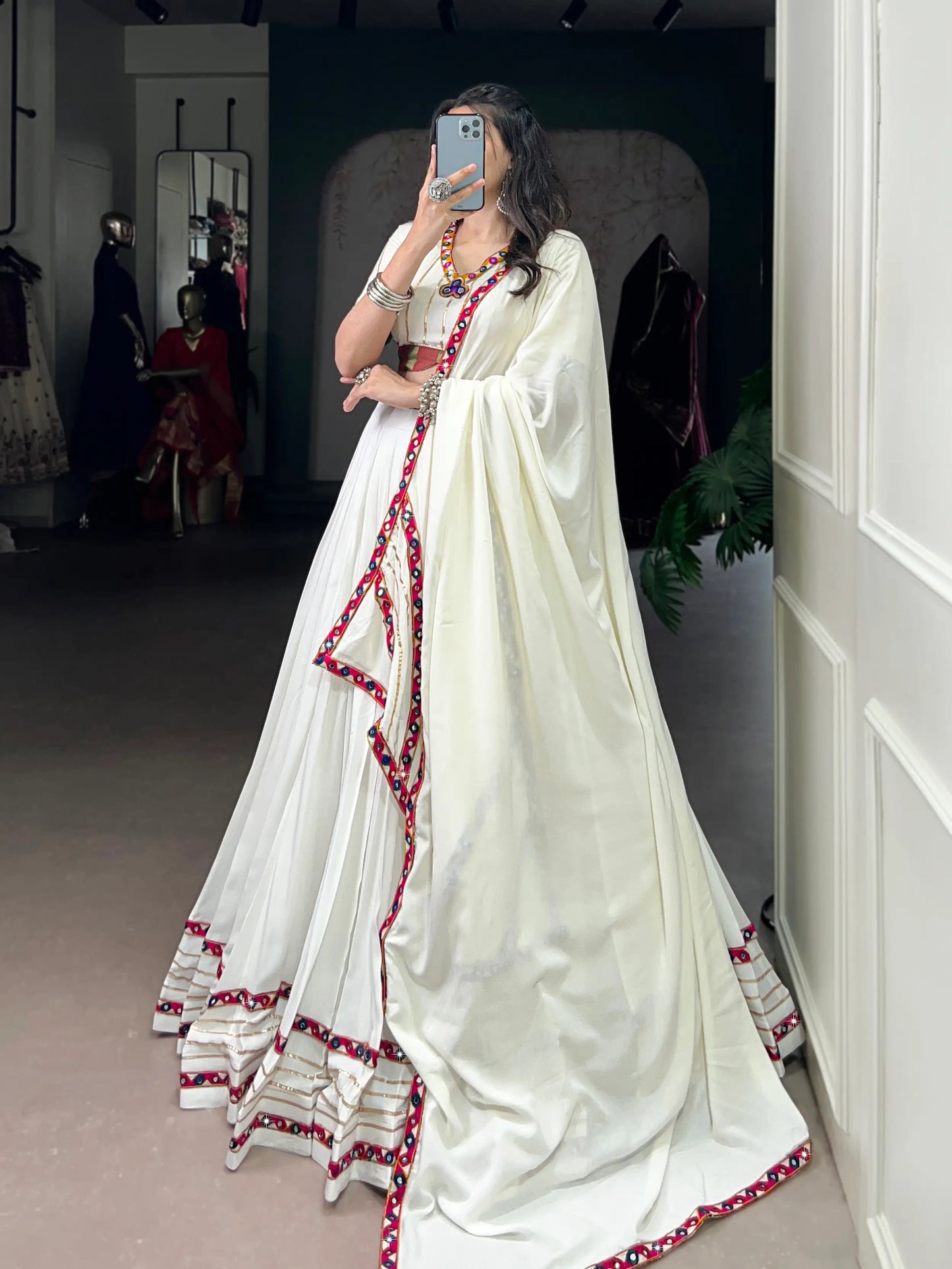 White Rayon Navratri Lehenga Choli With Gamthi Work
