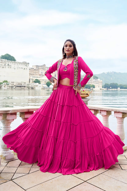 Dark Pink Rayon Gamthi Work Navratri Lehenga with Koti