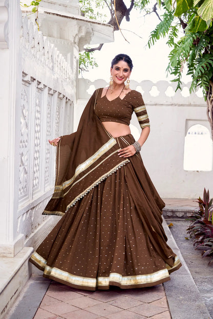 Brown Chanderi Silk Lehenga Choli With Zari Weaving & Lace Touch Up