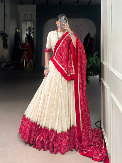 Beige Cotton Navratri Lehenga Choli With Print & Lace Touch Up