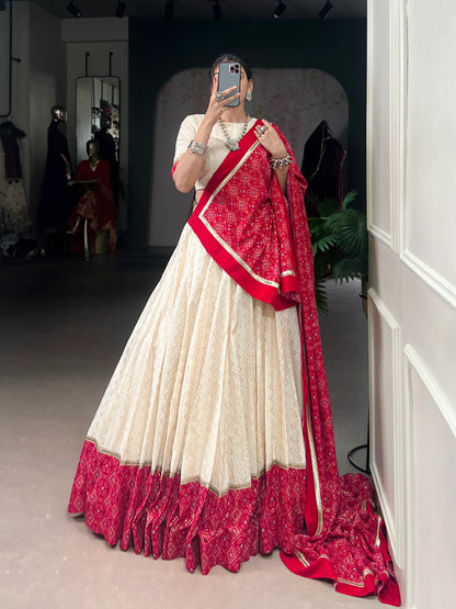 Beige Cotton Navratri Lehenga Choli With Print & Lace Touch Up