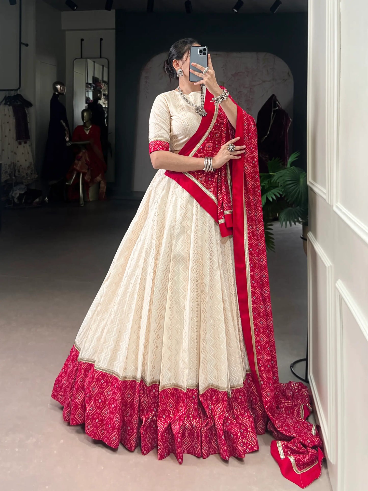 Beige Cotton Navratri Lehenga Choli With Print & Lace Touch Up