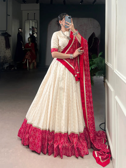 Beige Cotton Navratri Lehenga Choli With Print & Lace Touch Up