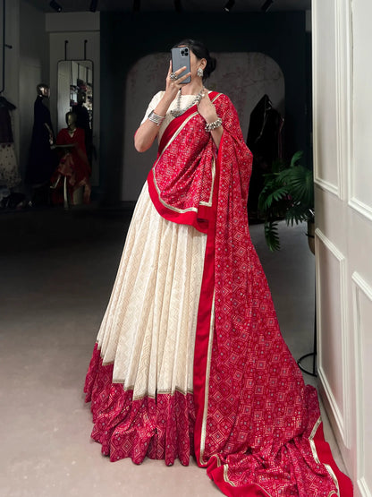 Beige Cotton Navratri Lehenga Choli With Print & Lace Touch Up
