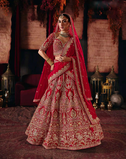 Elegant Red Heavy Bridal Lehenga & 2 Dupatta