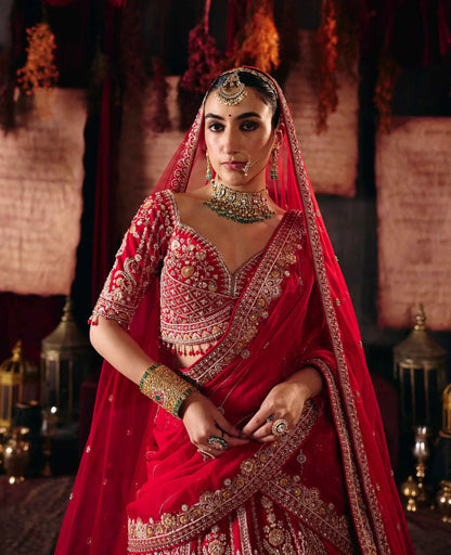 Elegant Red Heavy Bridal Lehenga & 2 Dupatta