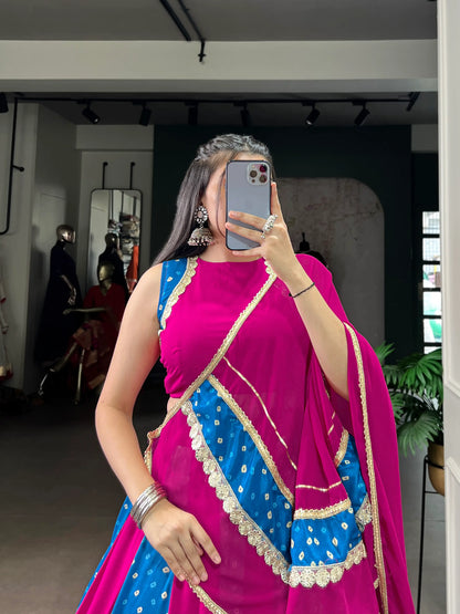 Blue-Pink Rayon Lehenga Choli With Bandhej Print & Lace Touch Up