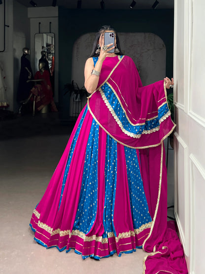 Blue-Pink Rayon Lehenga Choli With Bandhej Print & Lace Touch Up
