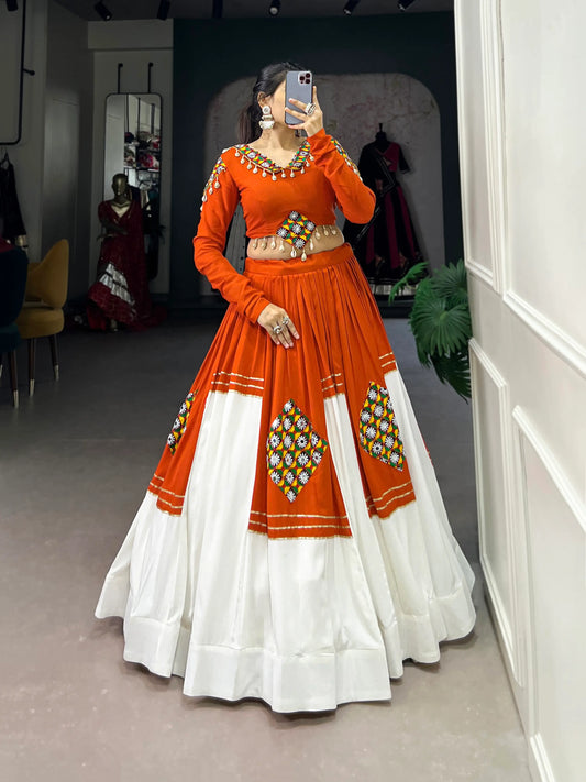 Orange-White Rayon Gamthi Work Navratri Lehenga Choli