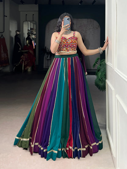 Multicolor Georgette Navratri Lehenga Choli With Gamthi work & Lace Touch Up