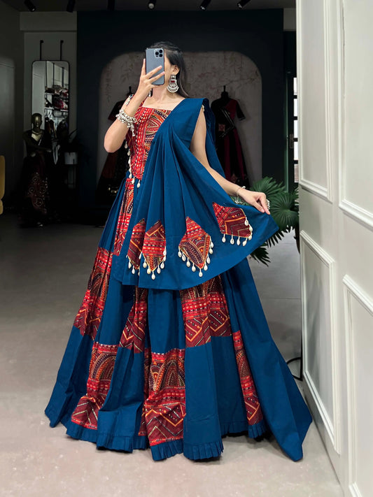 Designer Royal Blue Print And Foil Work Navratri Chaniya Choli With Dupatta