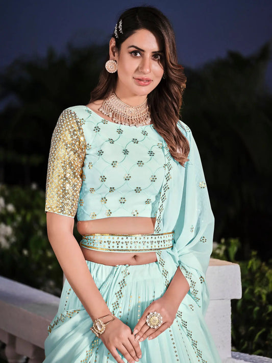 Sky Blue Georgette Thread with Sequence Embroidery Work Lehenga Choli