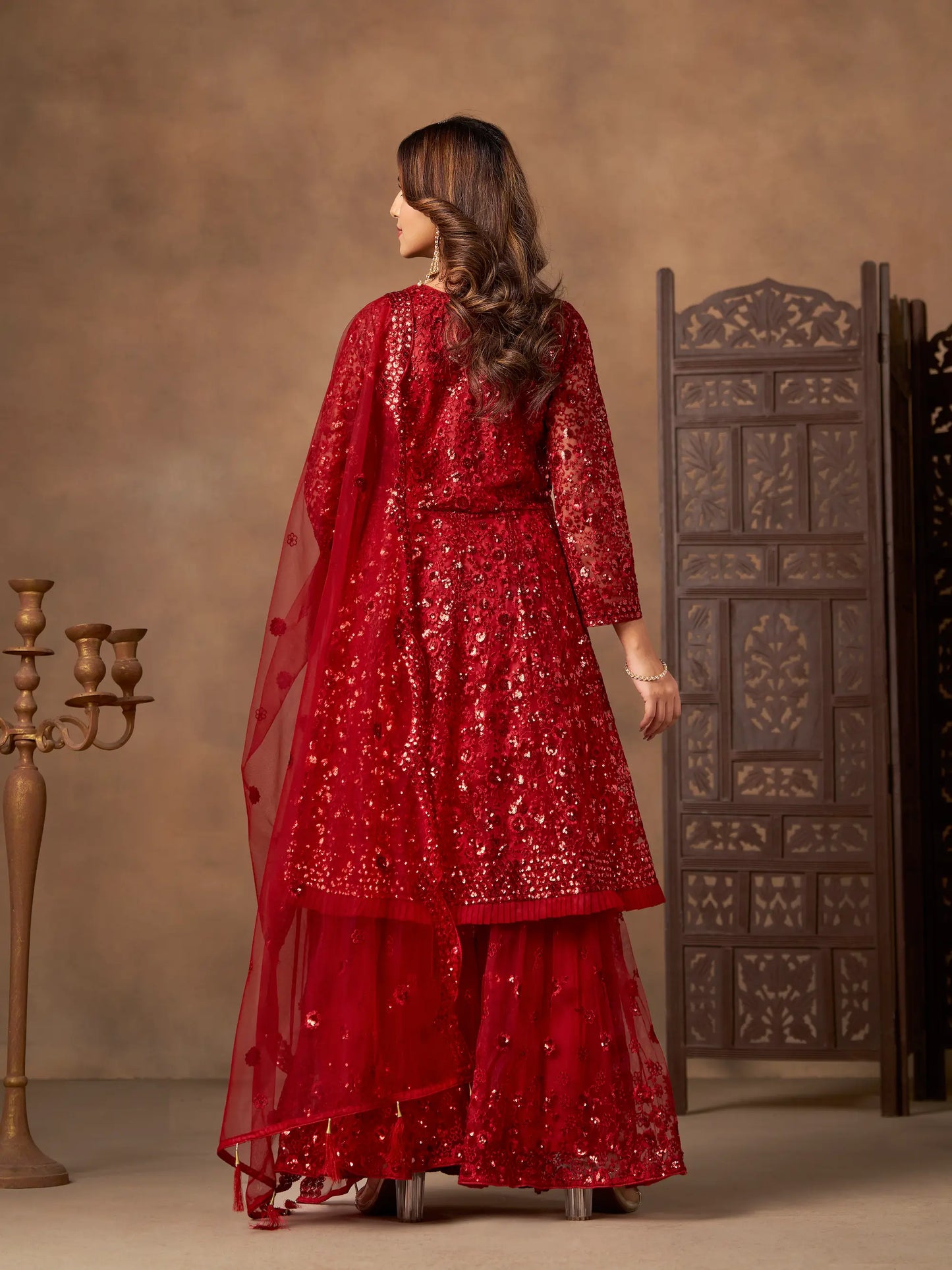 Red Net Embroidery Work Sharara Set