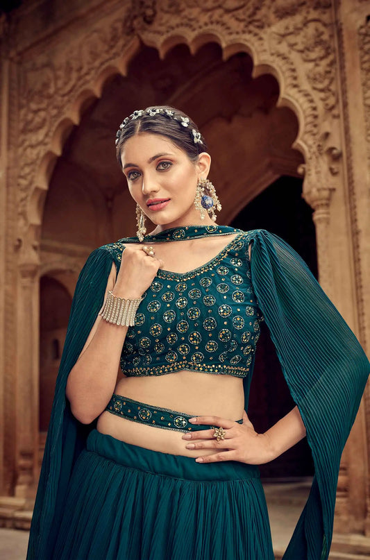 Teal Blue Hand Work Georgette Lehenga With Dupatta
