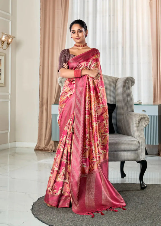 Rose pink Handloom Silk Saree With Digital Print With  Big Zari Border