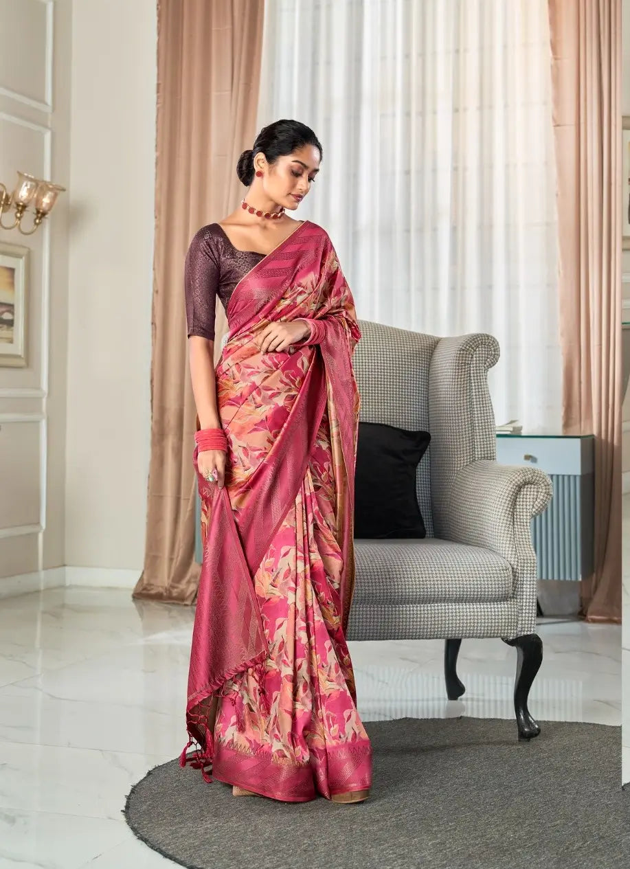 Rose pink Handloom Silk Saree With Digital Print With  Big Zari Border