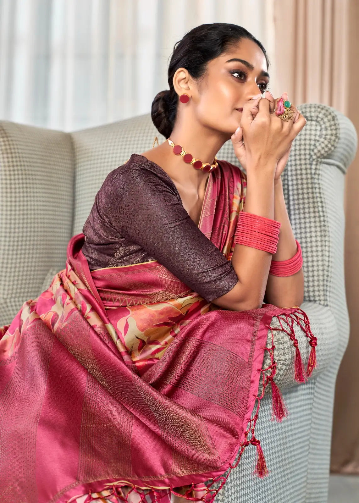 Rose pink Handloom Silk Saree With Digital Print With  Big Zari Border