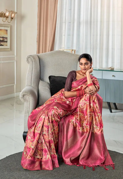 Rose pink Handloom Silk Saree With Digital Print With  Big Zari Border