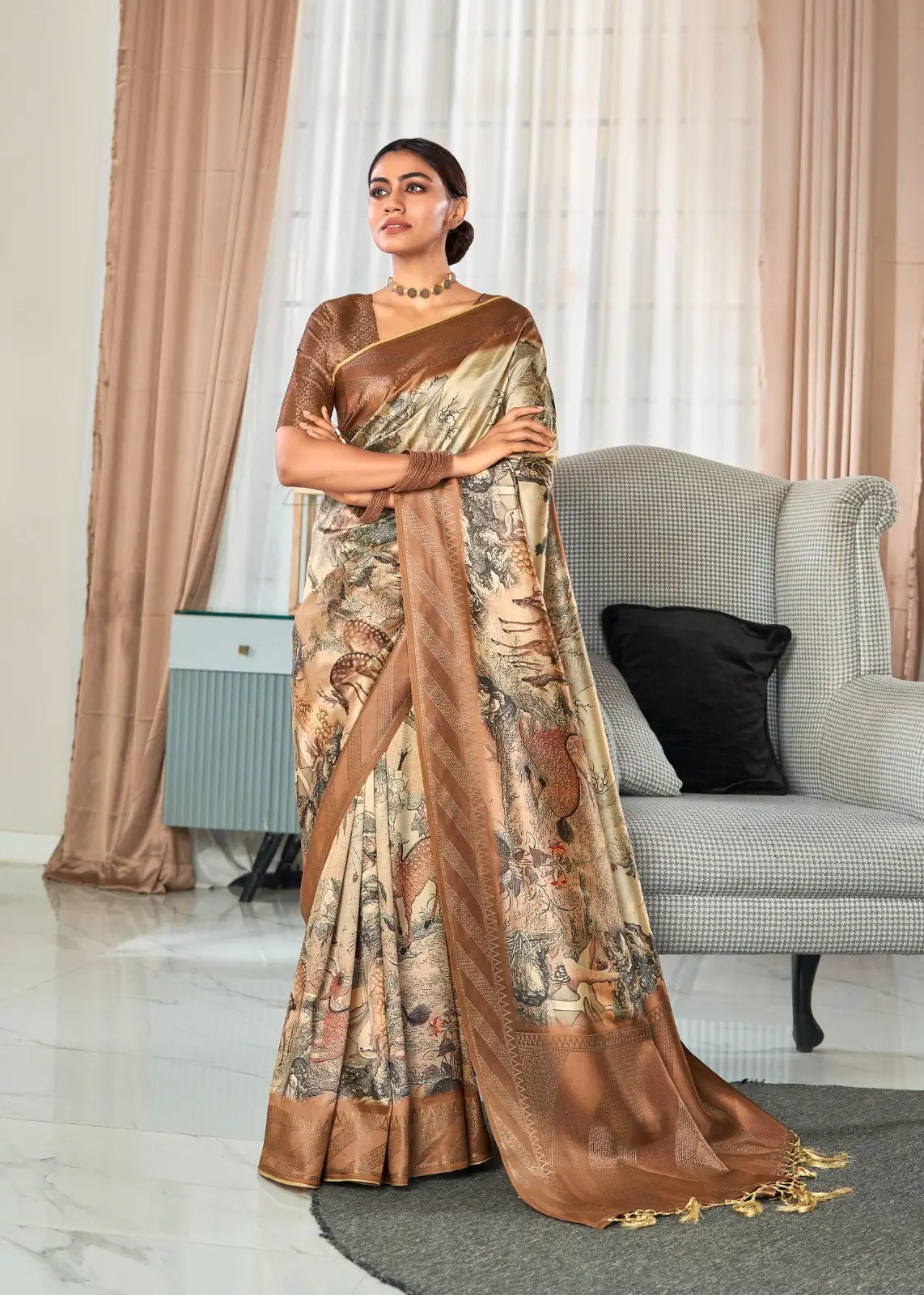 Vanilla Cream Handloom Silk Saree With Digital Print With  Broad Zari Border