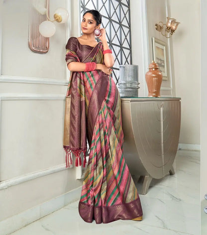 Brownish purple Handloom Silk saree With Striped Digital Print With Zari Big Border