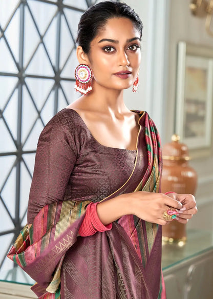 Brownish purple Handloom Silk saree With Striped Digital Print With Zari Big Border