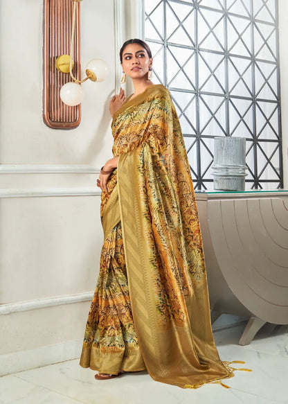 Metal Yellow Handloom Silk Saree With Digital Print With Zari Big Border