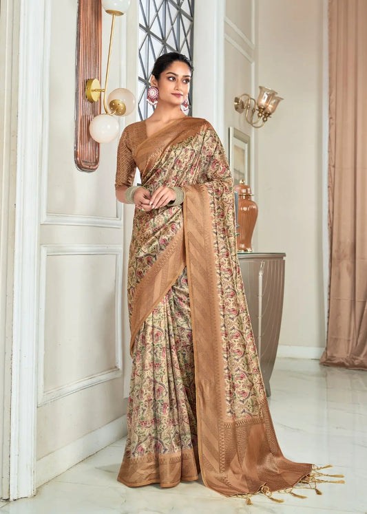 French Beige Handloom Silk Saree With Digital Floral Print With Zari Big Border