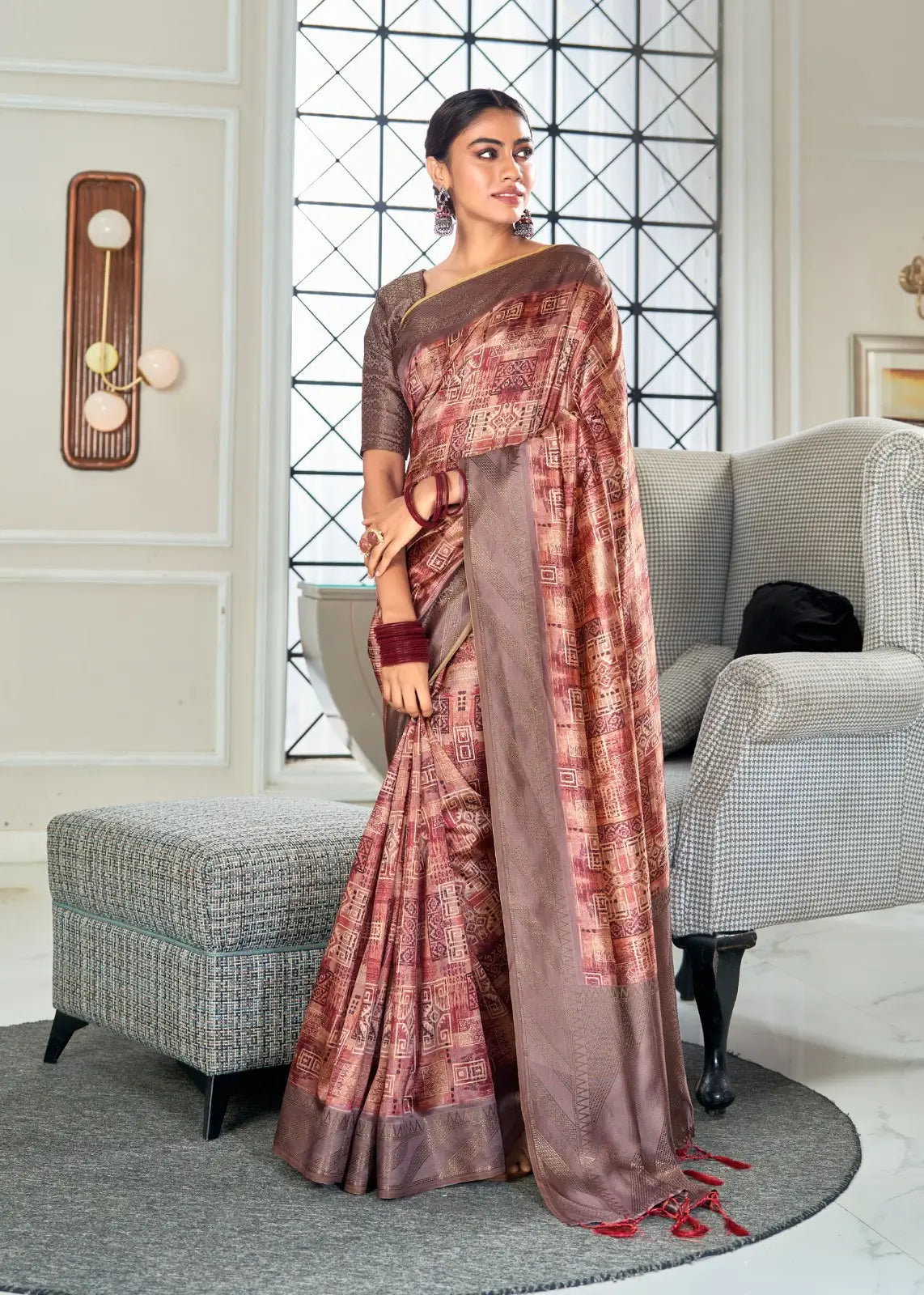 Brownish pink Handloom Silk Saree With Digital Print With Zari For Women