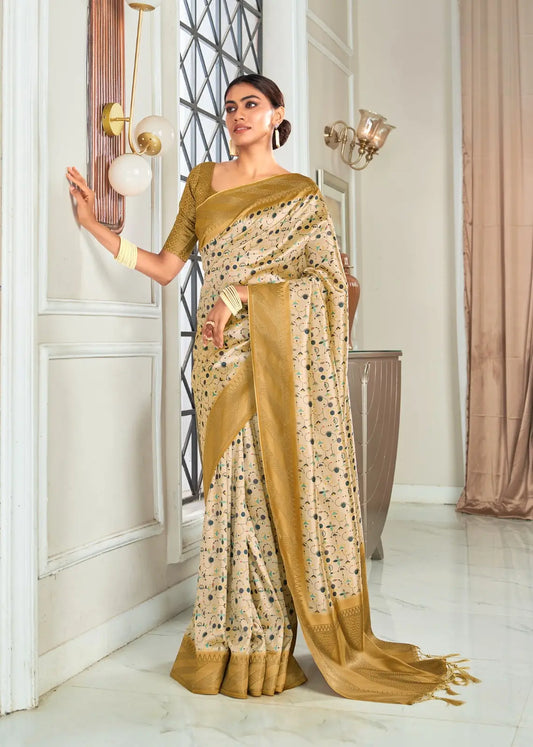 Cream Colored Handloom Silk Saree With Dot Digital Print With Zari Big Border