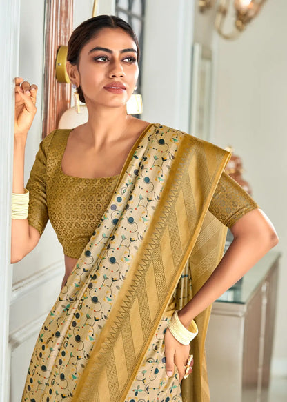 Cream Colored Handloom Silk Saree With Dot Digital Print With Zari Big Border