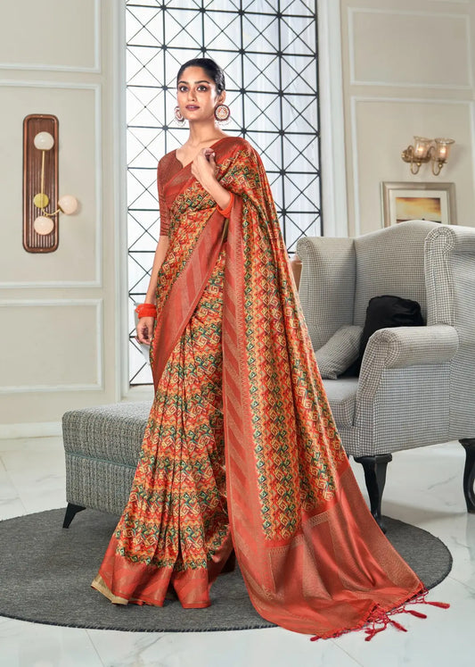 Orange Handloom Silk Saree With Digital Print With Zari Big Border saree for Women