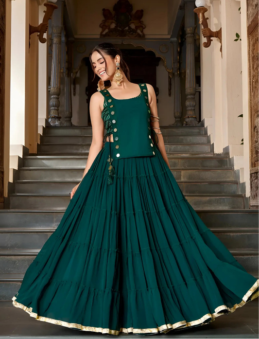 14 Meter Flair | Green Lightweight Navratri Lehenga With Mirror Work Koti