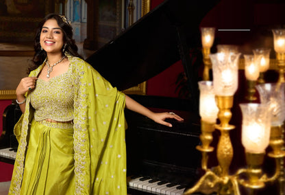 Parrot Green Embroidery Indo Western Set