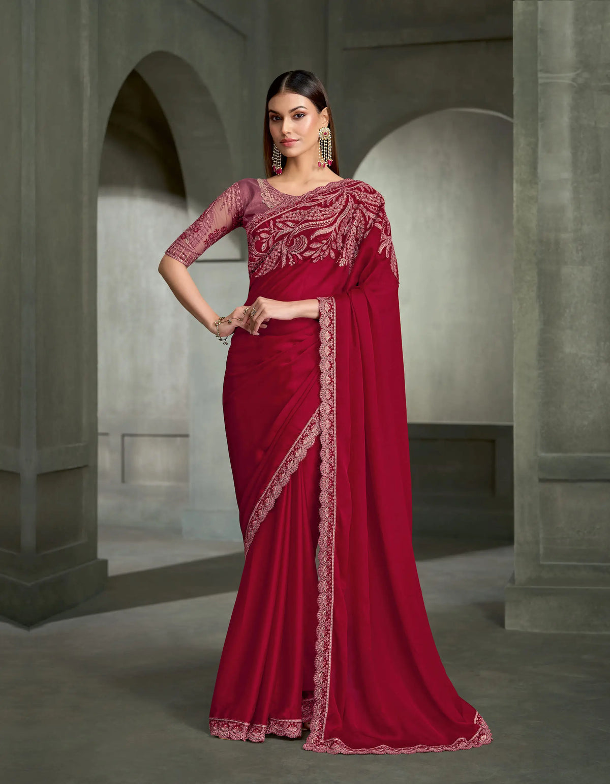 Cherry Red Embroidery Border Saree