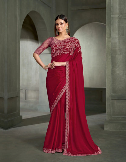 Cherry Red Embroidery Border Saree