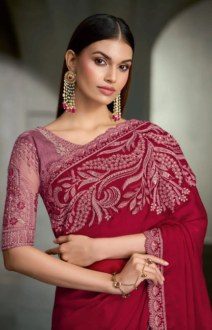 Cherry Red Embroidery Border Saree