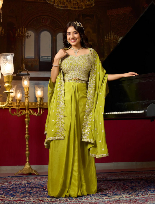 Parrot Green Embroidery Indo Western Set