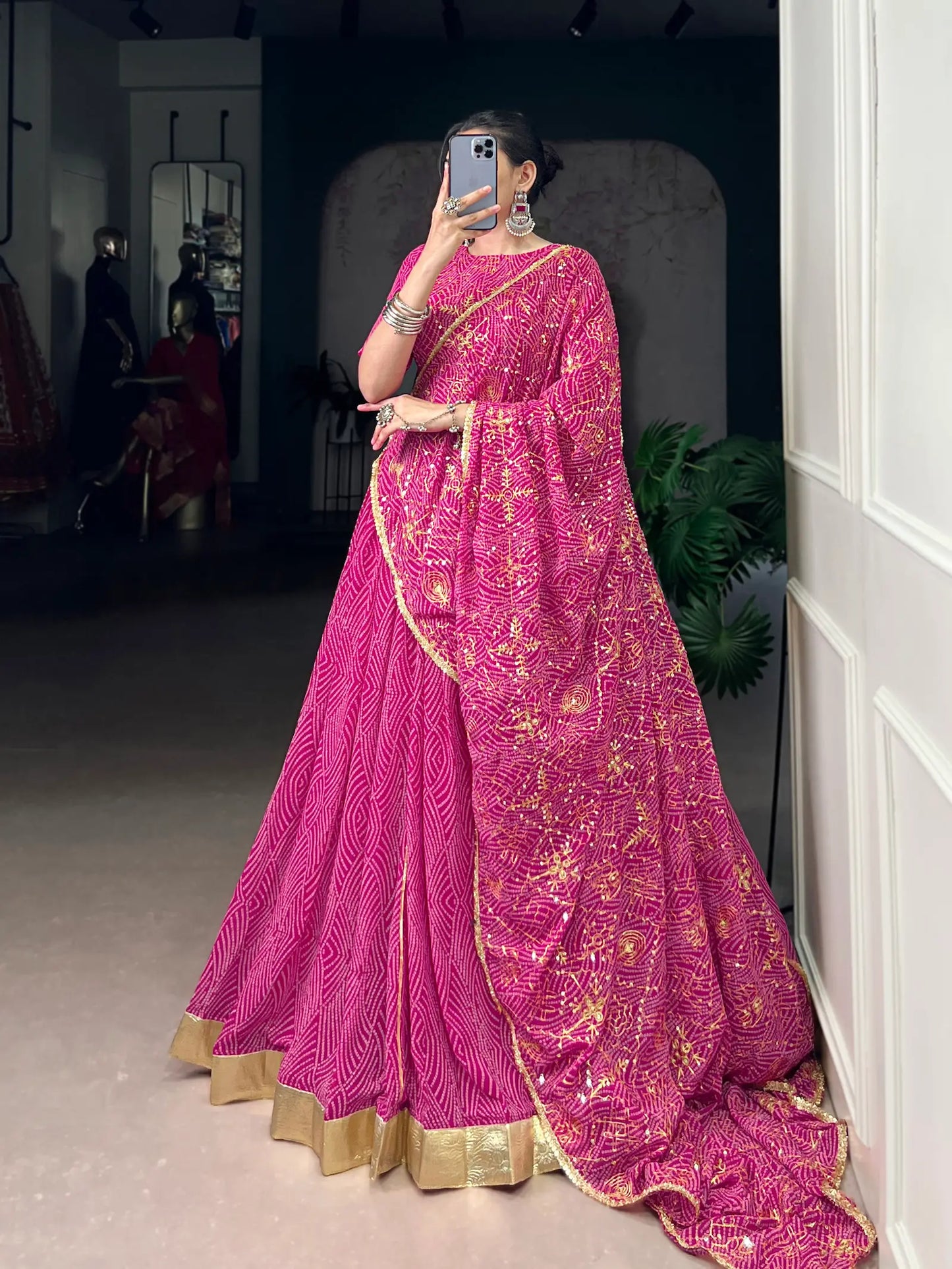 Dark Pink Georgette Lehenga Choli With Bandhej Print With Lace Touch Up
