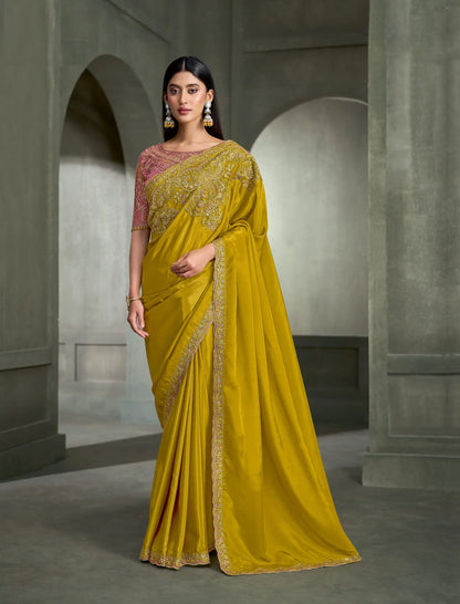 Mustard Gold Embroidery Border Saree