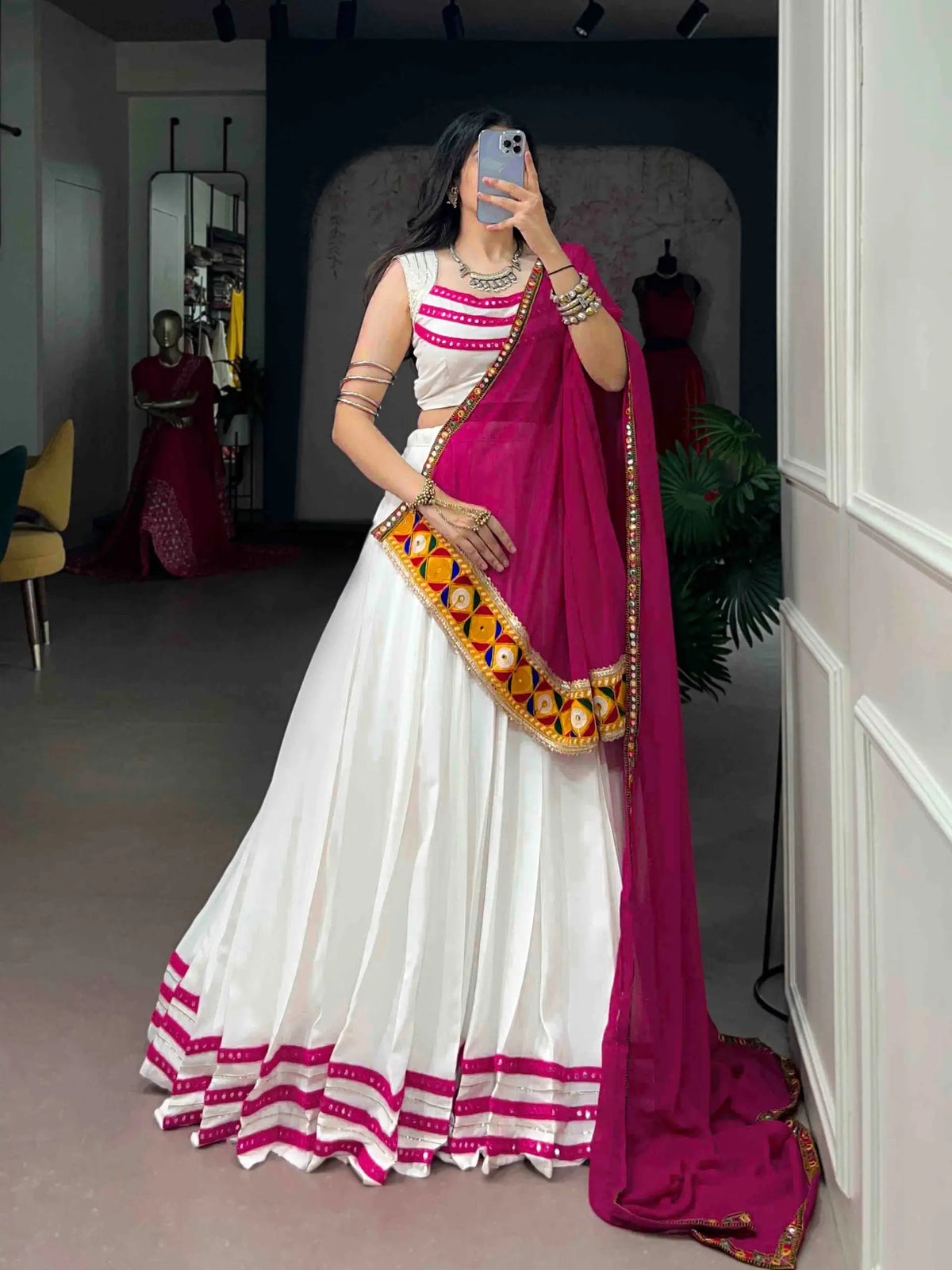 White Garba Chaniya Choli With Lace Touch Up