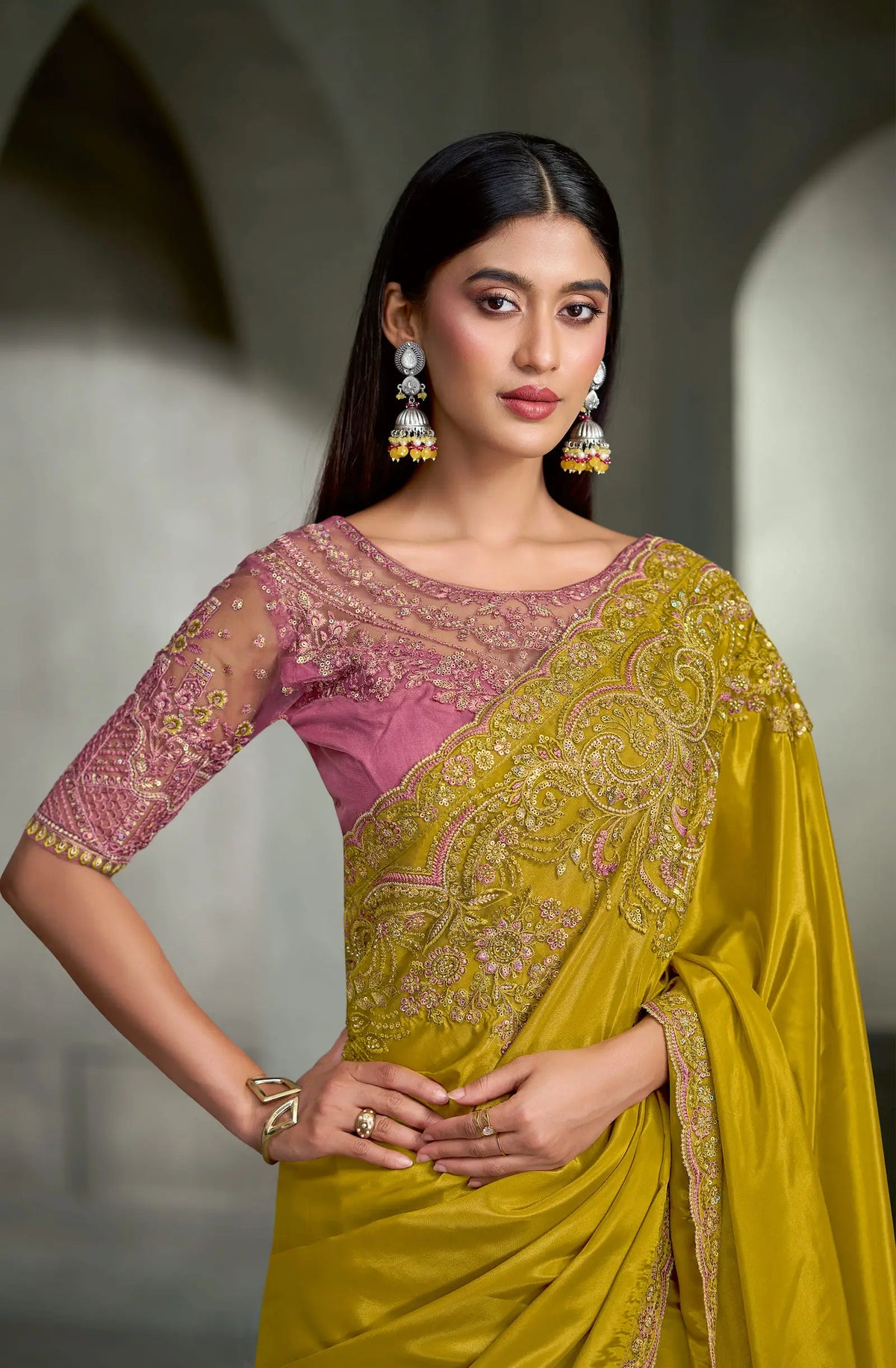 Mustard Gold Embroidery Border Saree