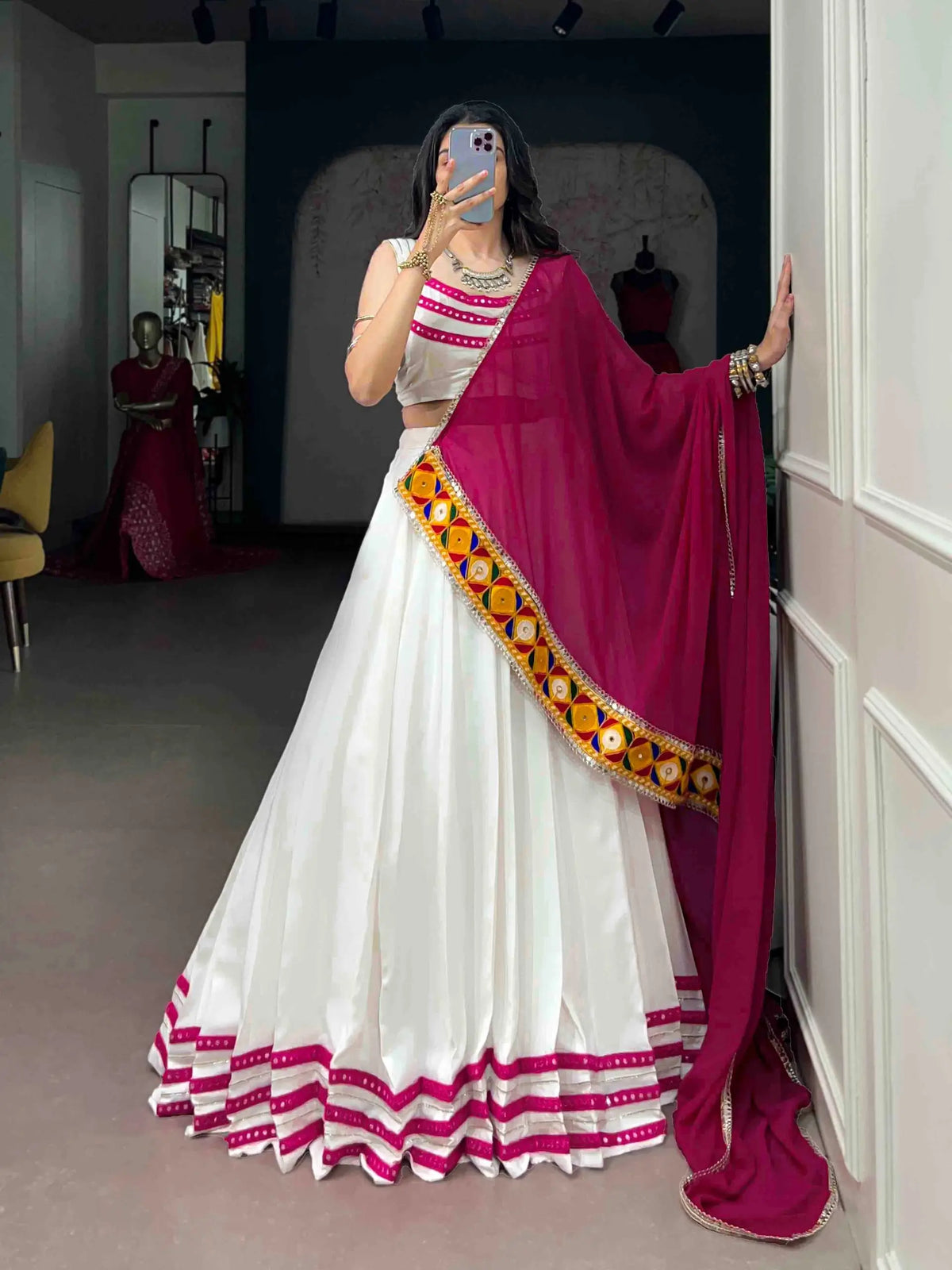 White Garba Chaniya Choli With Lace Touch Up