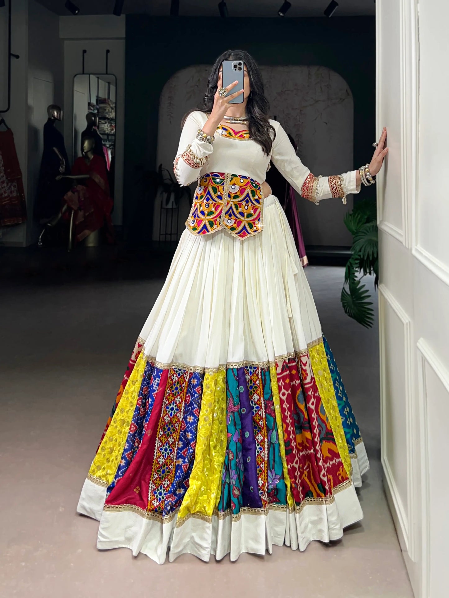 White Multicolor Rayon Gamthi Work Navratri Lehenga Choli