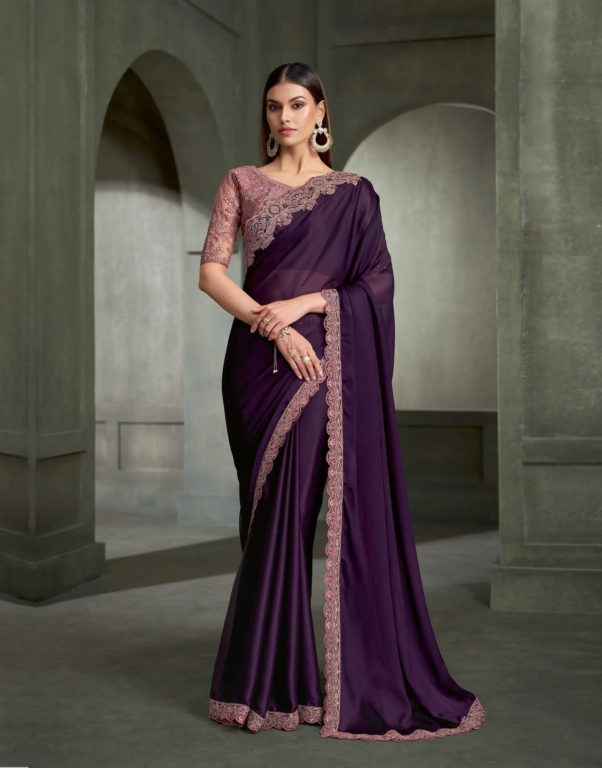 Deep Purple Embroidery Border Saree