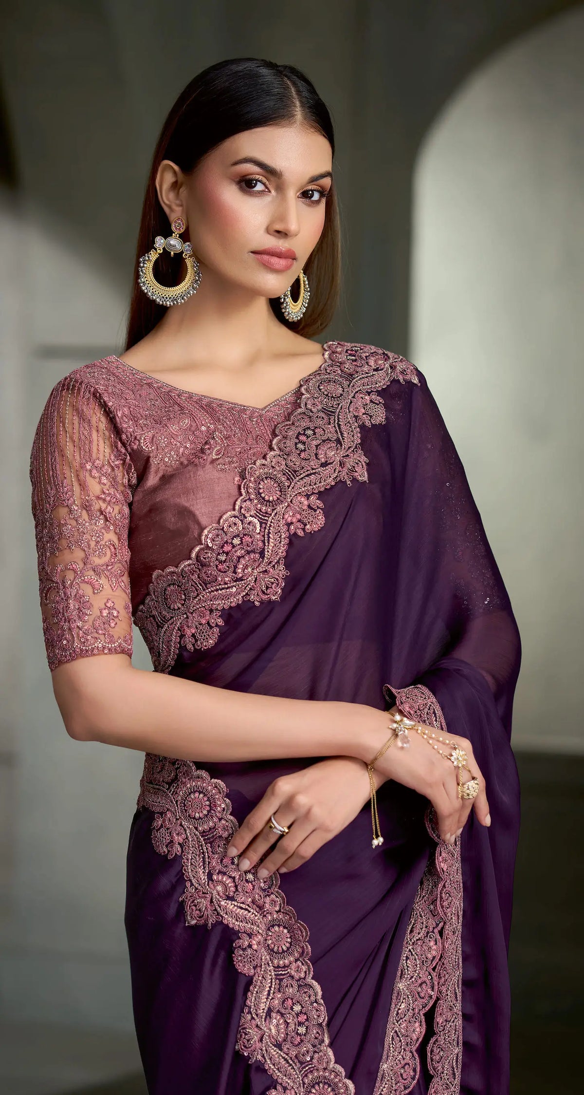 Deep Purple Embroidery Border Saree