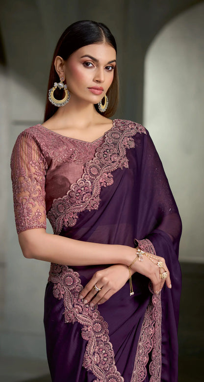 Deep Purple Embroidery Border Saree