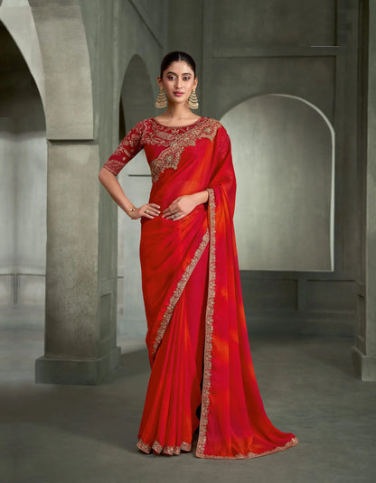 Red-Orange Embroidery Border Saree
