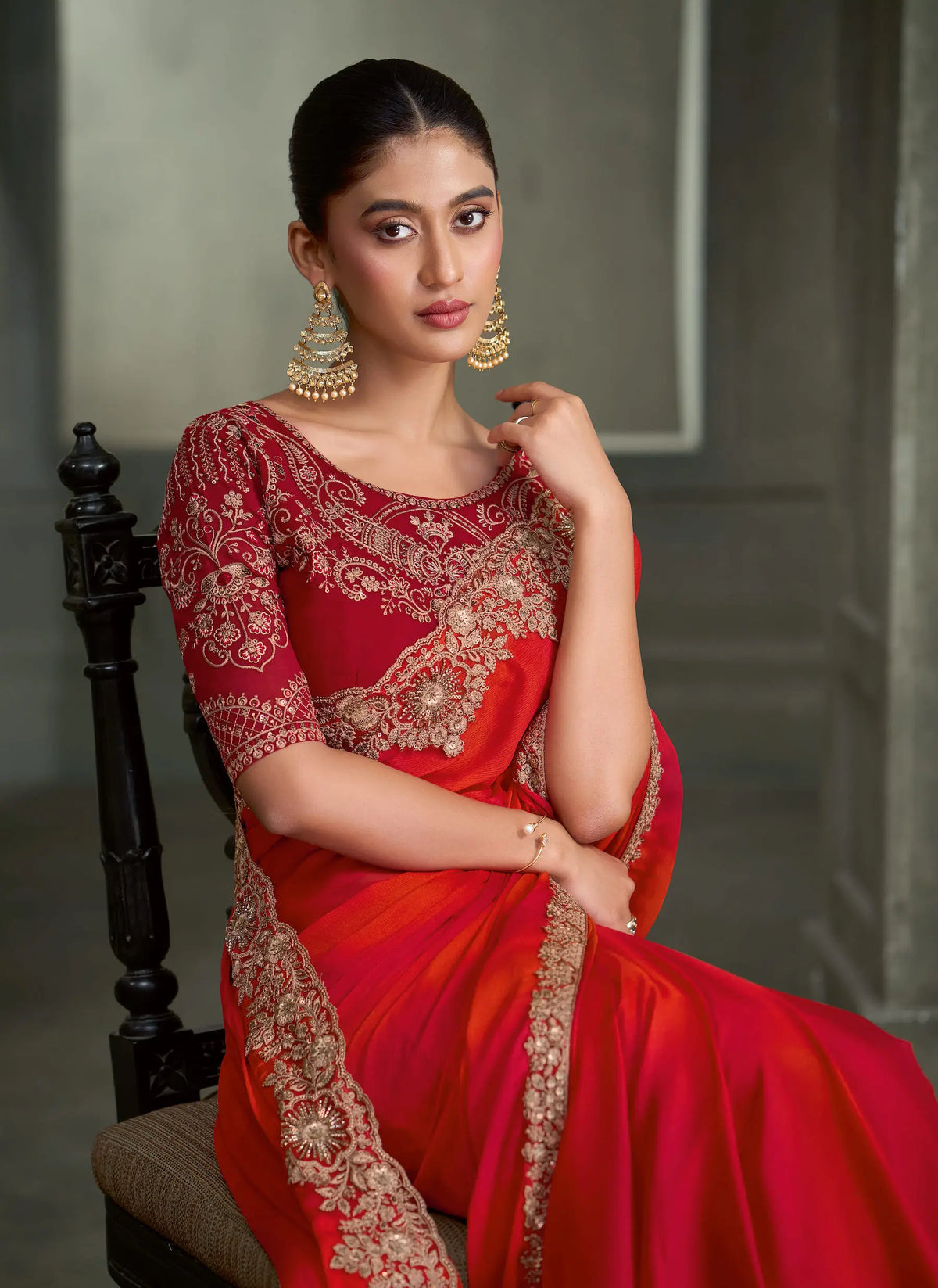 Red-Orange Embroidery Border Saree