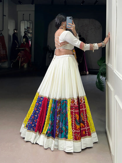 White Multicolor Rayon Gamthi Work Navratri Lehenga Choli