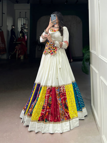White Multicolor Rayon Gamthi Work Navratri Lehenga Choli
